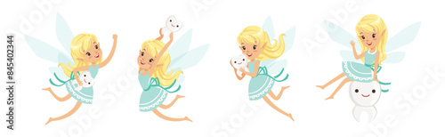 Blond Little Girl Tooth Fairy Flying with Wings Vector Set