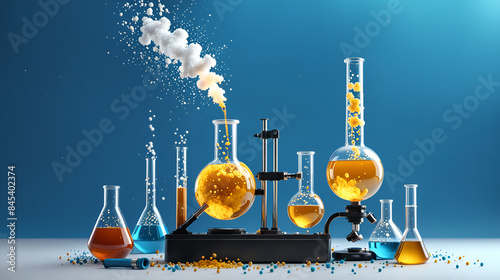 The test tubes and flasks in the chemistry laboratory, under the influence of chemical reactions, explode with fireworks cloud explosion effects, chemical experimental effects, and chemical reactions 