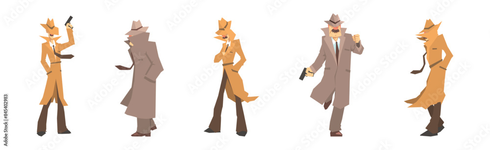 Inspecting Man Detective Character in Hat and Coat Vector Set Inspecting Man Detective Character in Hat and Coat Vector Set