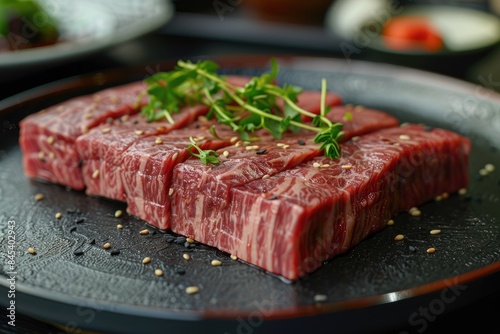 Japanese Kobe beef on black plate