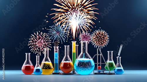 The test tubes and flasks in the chemistry laboratory, under the influence of chemical reactions, explode with fireworks cloud explosion effects, chemical experimental effects, and chemical reactions  photo