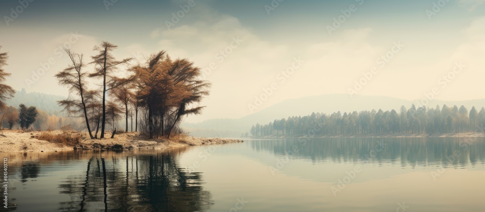 Obraz premium lake with buritis trees around. Creative banner. Copyspace image
