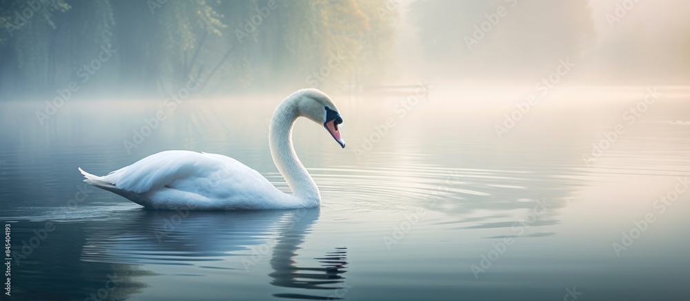 Fototapeta premium White Swan in the middle of the lake. Creative banner. Copyspace image