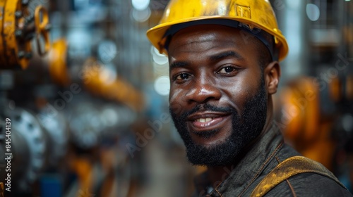 A bearded man wearing a yellow hard hat, with a friendly expression, in an industrial backdrop © Larisa AI