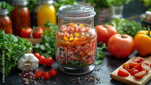 Image shows a variety of fresh and pickled vegetables on a wooden table including tomatoes, garlic, peppers, and spices.