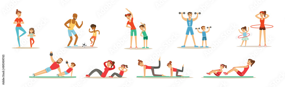 Fototapeta premium Parent and Child Doing Sportive Physical Exercise and Training Together Vector Set