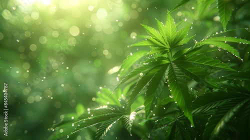 Detailed image of a vibrant cannabis leaf sparkling with dew drops in morning sunlight  symbolizing growth and natural beauty