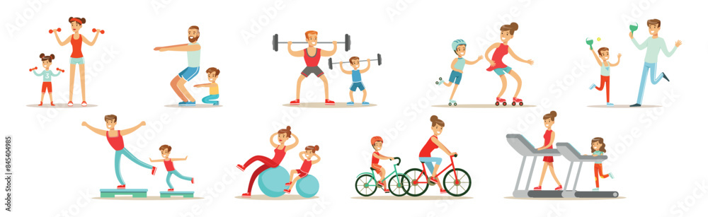 Parent and Child Doing Sportive Physical Exercise and Training Together Vector Set Parent and Child Doing Sportive Physical Exercise and Training Together Vector Set