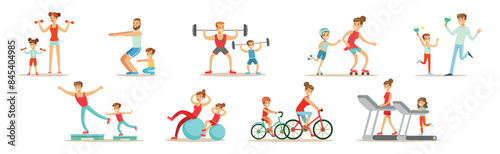 Parent and Child Doing Sportive Physical Exercise and Training Together Vector Set