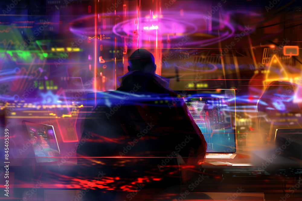 A silhouette of a hacker behind a computer, representing cybersecurity threats and digital protection in a modern and high-tech context A silhouette of a hacker behind a computer, representing cybersecurity threats and digital protection in a modern and high-tech context