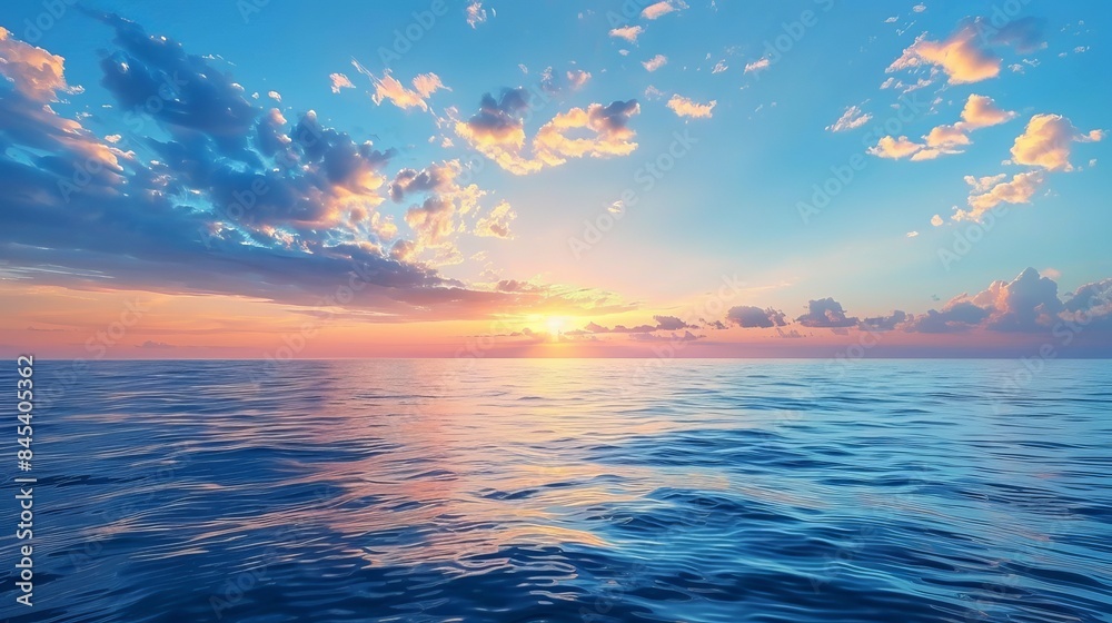 A nature background featuring a sunset with a blue sea and sky adorned with clouds.