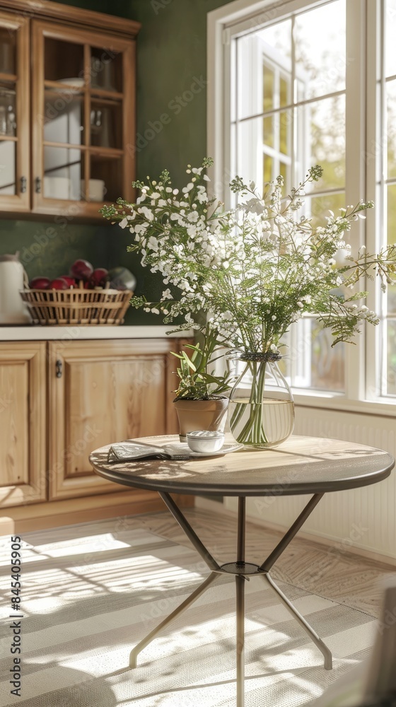 a Nordic style small balcony with green walls and a white ceiling, featuring an indoor coffee table with flowers, bamboo basket plants, a sofa chair, a wooden cabinet, and a striped carpet. a Nordic style small balcony with green walls and a white ceiling, featuring an indoor coffee table with flowers, bamboo basket plants, a sofa chair, a wooden cabinet, and a striped carpet.
