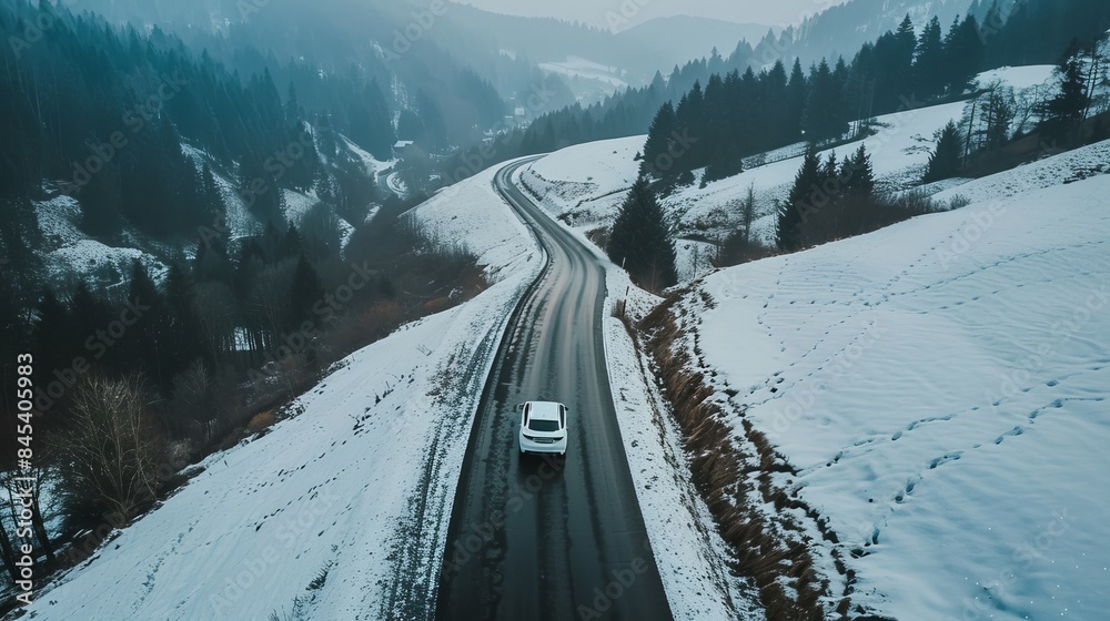 Obraz premium A white car driving on a mountain road landscape during winter, showcasing the natural scenery of green mountains. This winter travel scene is set on a black asphalt road.