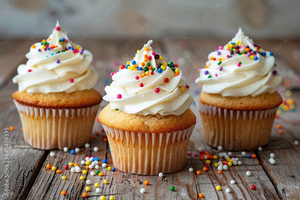 Tasty cupcakes with butter cream and sprinkles on wooden table Tasty cupcakes with butter cream and sprinkles on wooden table