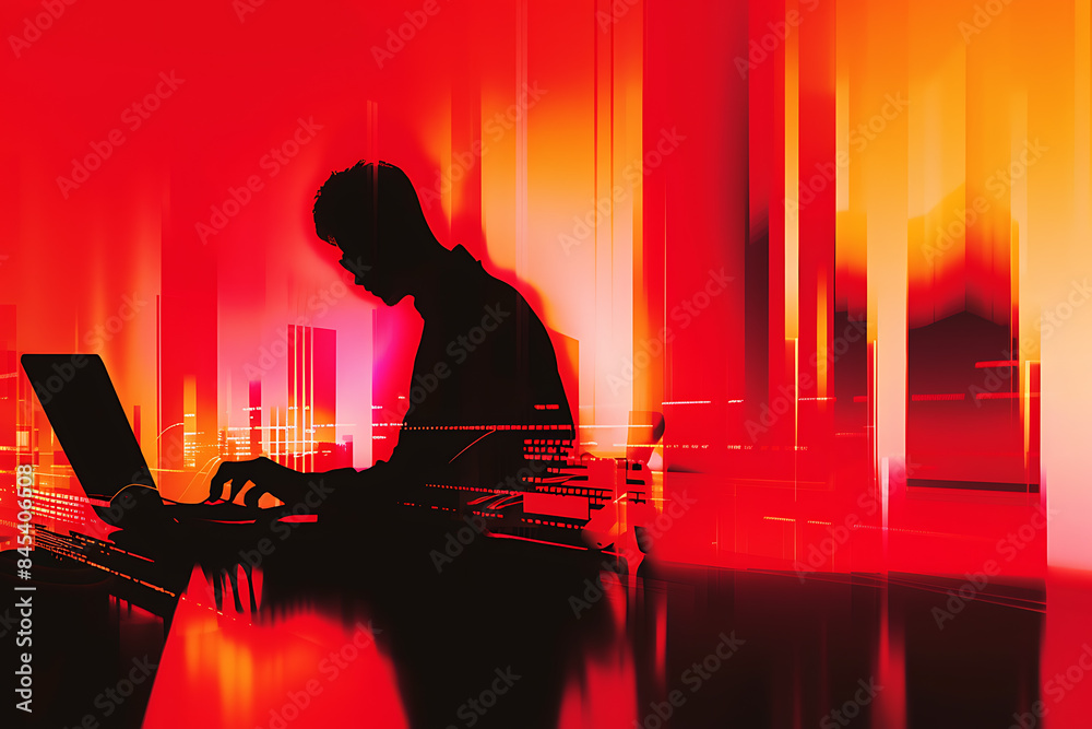 A silhouette of a hacker behind a computer, representing cybersecurity threats and digital protection in a modern and high-tech context A silhouette of a hacker behind a computer, representing cybersecurity threats and digital protection in a modern and high-tech context