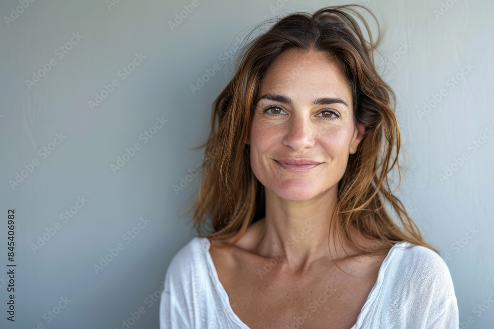 A close up portrait of a woman with a subtle smile A close up portrait of a woman with a subtle smile