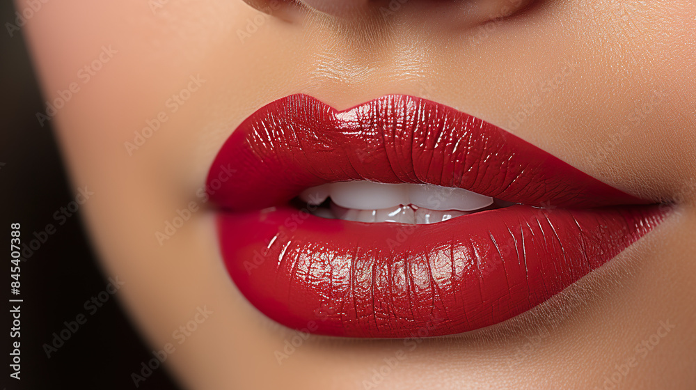 Fototapeta premium Red lipstick application on lips in close-up, isolated against a background