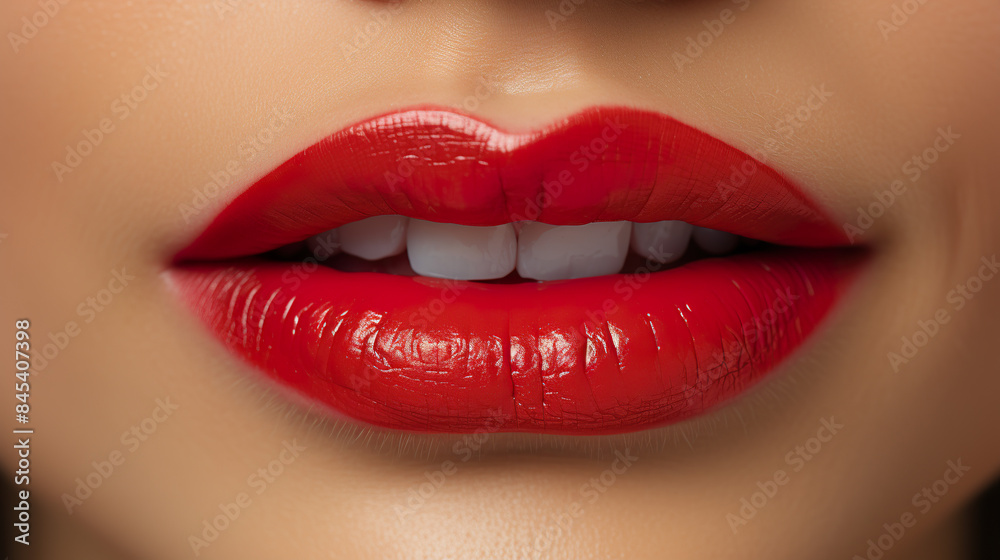 Red lipstick application on lips in close-up, isolated against a background Red lipstick application on lips in close-up, isolated against a background