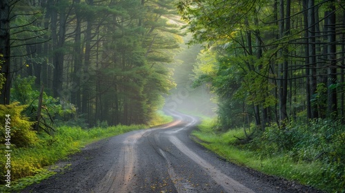 The gentle rays of early morning light peek through the trees creating a dreamy and defocused backdrop for the tranquil forest road. .