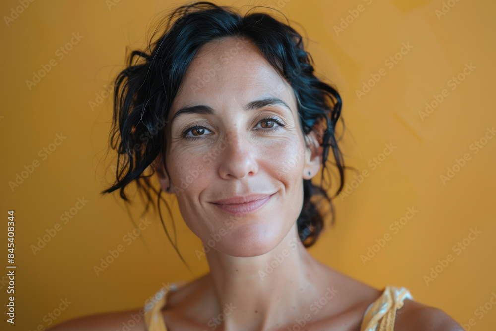 A close up portrait of a woman with a subtle smile A close up portrait of a woman with a subtle smile