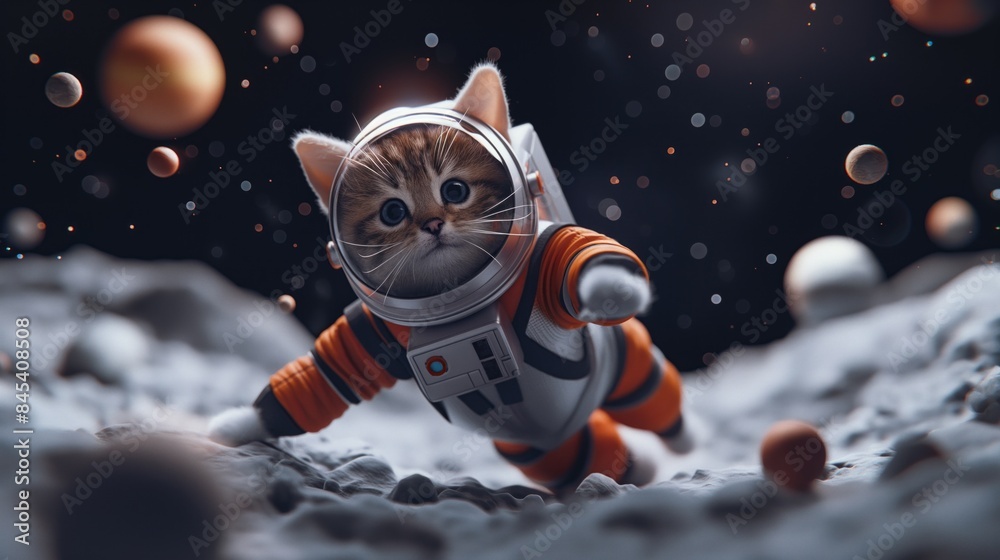 Cute little cat in space wearing spacesuit. Exploration concept Cute little cat in space wearing spacesuit. Exploration concept