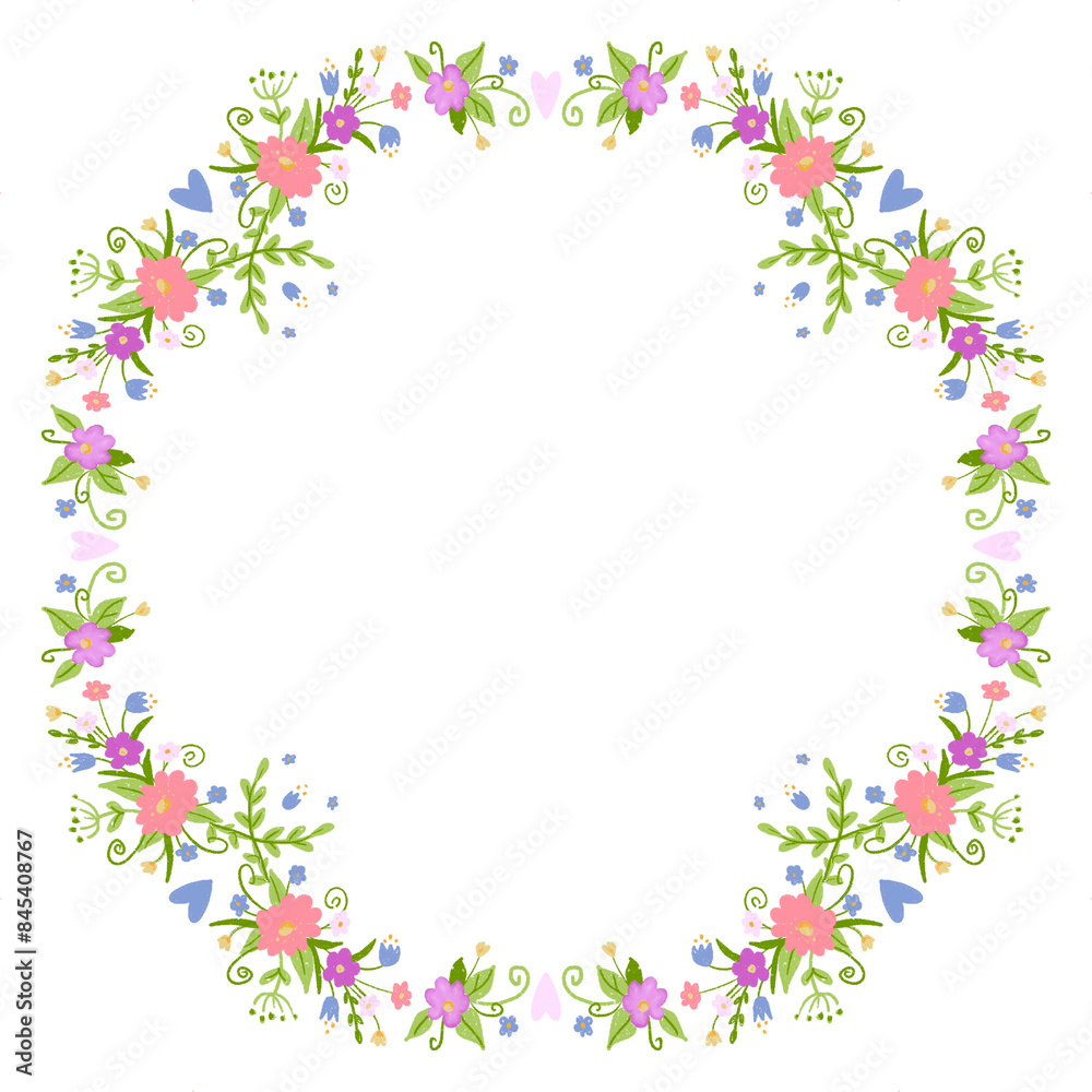 Round frame of wild flowers. Bright delicate wildflowers with greenery and hearts in a wreath. Cute delicate bright frame Round frame of wild flowers. Bright delicate wildflowers with greenery and hearts in a wreath. Cute delicate bright frame