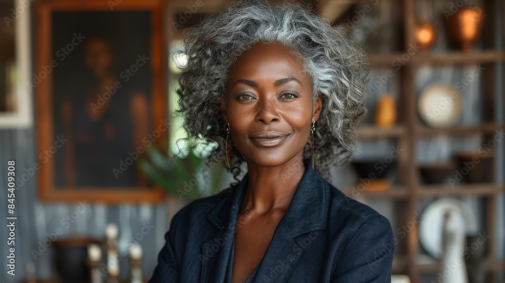 Confident mature woman with elegant gray hair and professional attire poses in a stylish interior setting Confident mature woman with elegant gray hair and professional attire poses in a stylish interior setting
