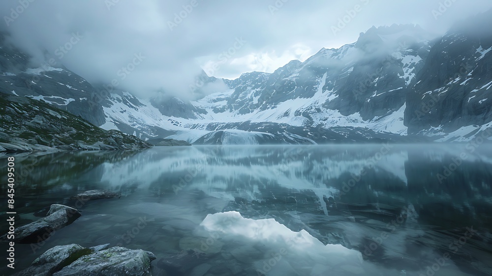 Fototapeta premium Glacial Reflections Capture mirrorlike reflections of glaciers tranquil alpine lakes enhancing the surreal beauty of frozen landscapes