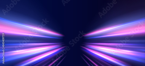Horizontal night road in the form of a panorama with neon lights. Car motion trails. Speed line motion vector background.	