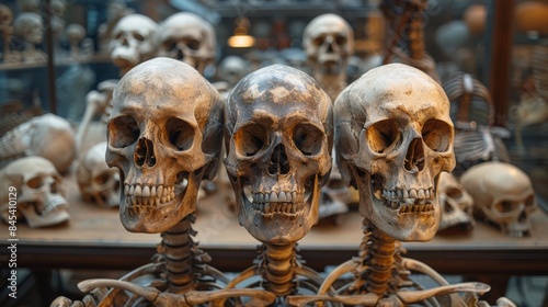 A collection of human skulls and bones displayed in an old wooden cabinet, with an educational or scientific purpose