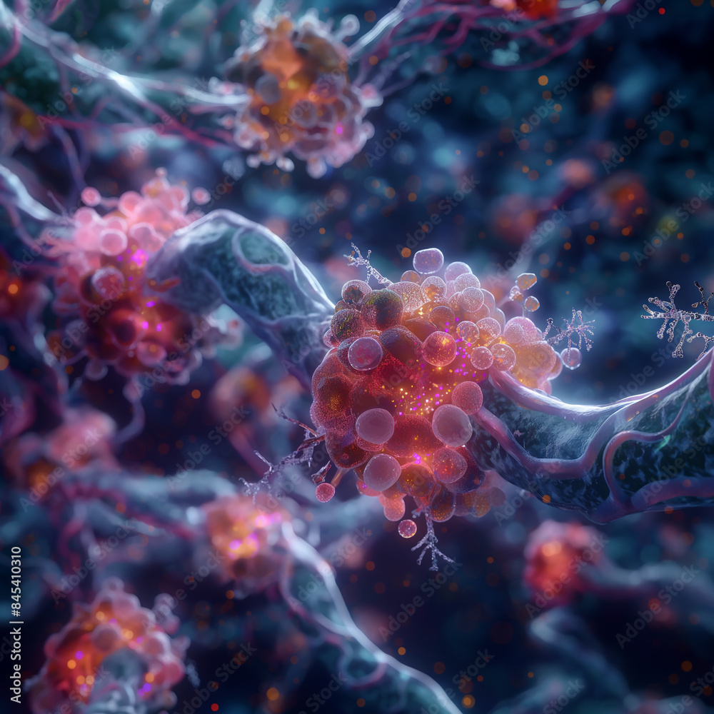 Obraz premium An animation showing O2 molecules traveling through a human bloodstream, visualizing the respiration process, emphasizing the importance of the molecule in sustaining life.