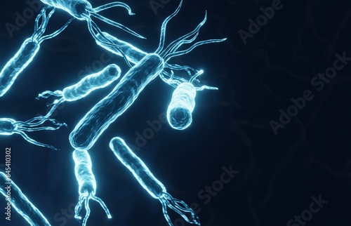 Glowing helicobacter pylori bacteria cells on dark blue background. Gastritis disease. 3d-rendering photo