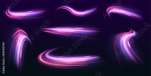 Big data traffic visualization, dynamic high speed data streaming traffic. Neon color glowing lines background, high-speed light trails effect. Purple glowing wave swirl, impulse cable lines.	