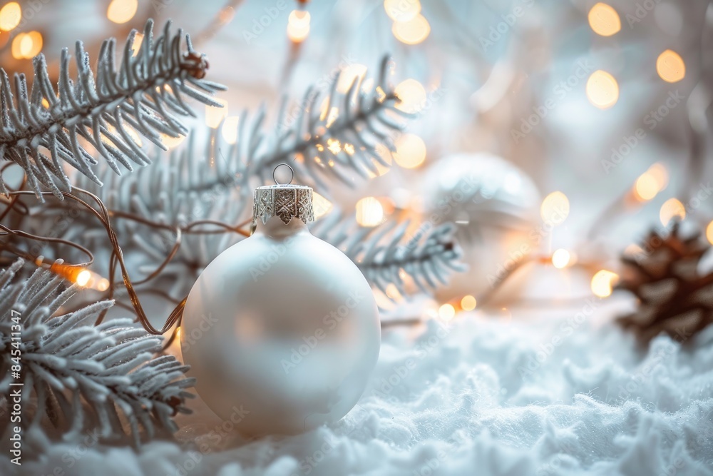 Festive White Christmas Ornaments and Pine Branches with Snow Festive White Christmas Ornaments and Pine Branches with Snow