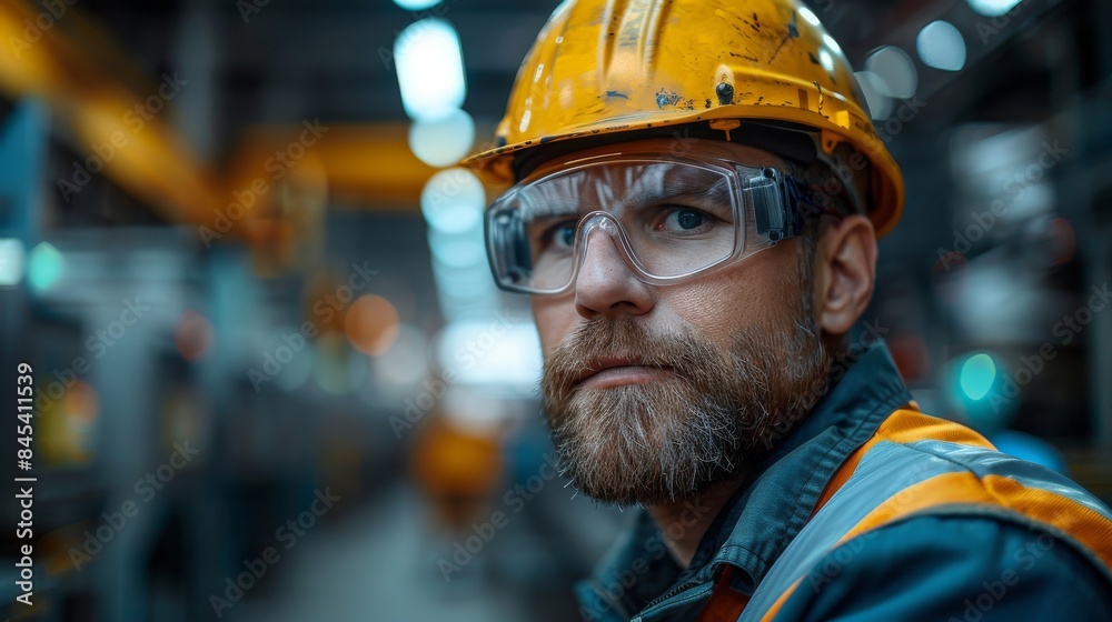 Image portrays an industrial worker with safety gear in a manufacturing environment with face obscured Image portrays an industrial worker with safety gear in a manufacturing environment with face obscured