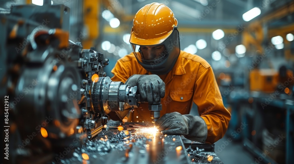 A skilled worker in a yellow suit welds metal parts with sparks flying around in an industrial environment A skilled worker in a yellow suit welds metal parts with sparks flying around in an industrial environment