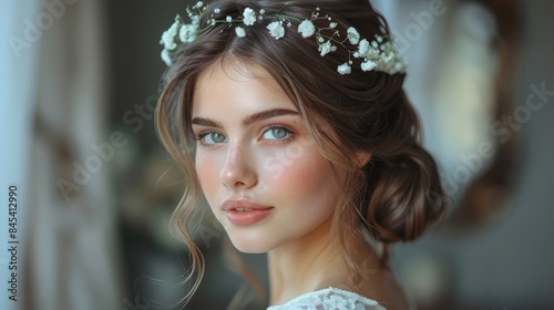 A delicate and elegant portrait of a bride with a stunning flower headpiece, her blue eyes reflecting her joyful anticipation