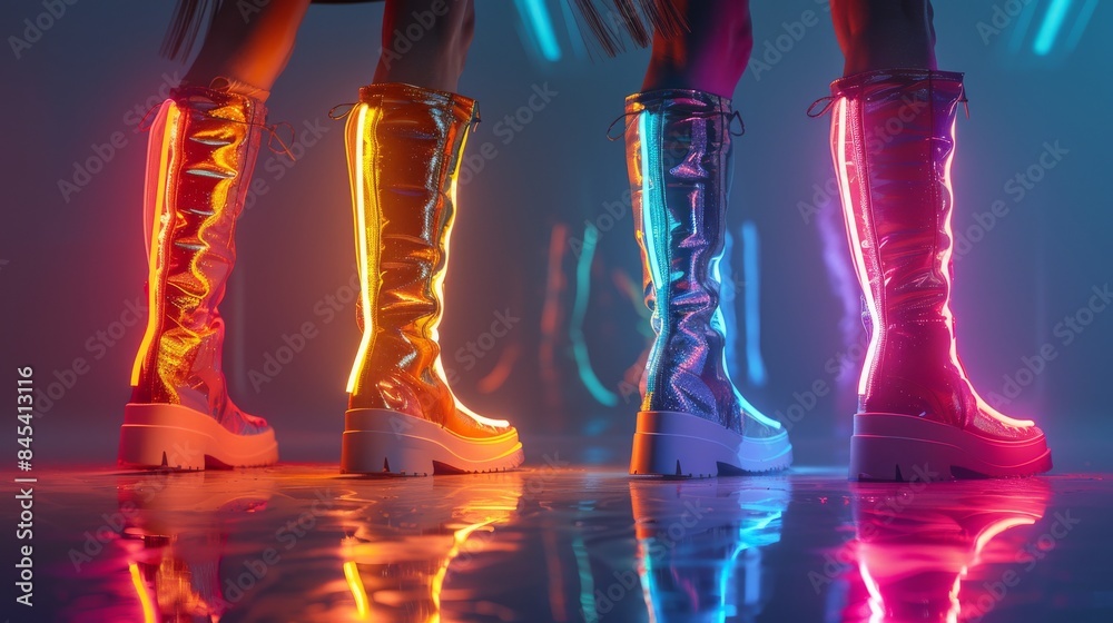 A vibrant scene of four individuals standing in a line, showcasing neon-lit boots against a reflective surface A vibrant scene of four individuals standing in a line, showcasing neon-lit boots against a reflective surface