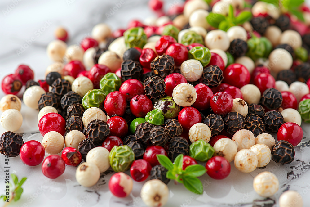 Assorted Peppercorns on Marble Surface