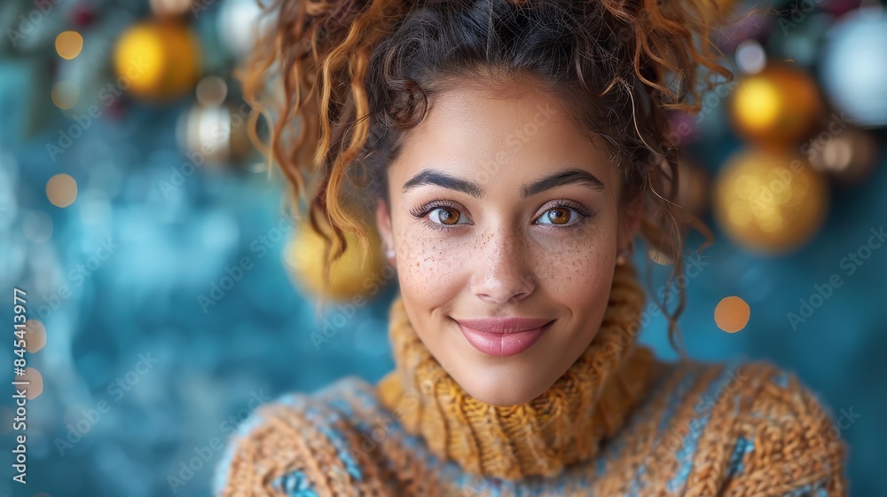 A beautiful young woman with freckles and curly hair smiling in front of a decorated Christmas tree A beautiful young woman with freckles and curly hair smiling in front of a decorated Christmas tree