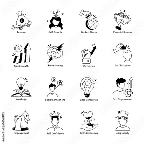 Pack of Business and Self Development Hand Drawn Icons 

