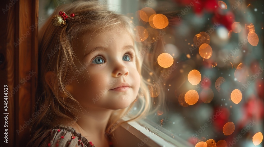 Young girl with blue eyes gazing outside near a Christmas tree adorned with twinkling lights Young girl with blue eyes gazing outside near a Christmas tree adorned with twinkling lights