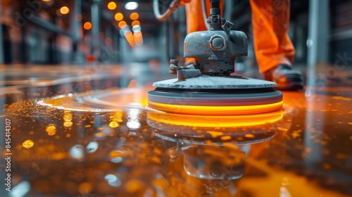 A person in a safety uniform operates a professional floor cleaning machine in an industrial facility glowing in orange