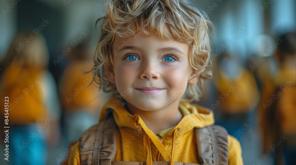 A cheerful young boy with curly blonde hair and bright blue eyes wearing a yellow backpack A cheerful young boy with curly blonde hair and bright blue eyes wearing a yellow backpack