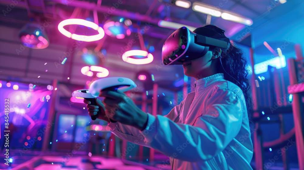 Young Creative Woman Exploring the Digital Internet 3D Universe. Wearing a Virtual Reality Headset at Home to Enter the Next Generation Immersive Social Media Metaverse Platform