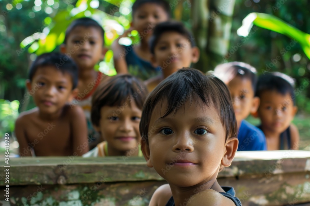 Portrait of a group of children in the jungle, Thailand. Portrait of a group of children in the jungle, Thailand.