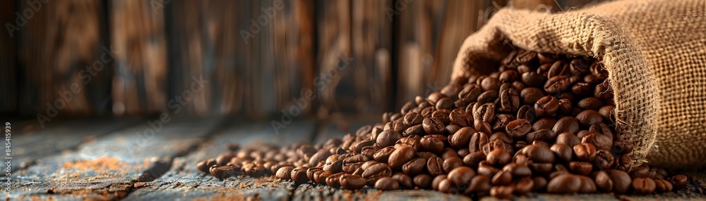 Cascading Coffee Beans Spilling Out of a Rustic Burlap Sack on a Wooden Surface Cascading Coffee Beans Spilling Out of a Rustic Burlap Sack on a Wooden Surface