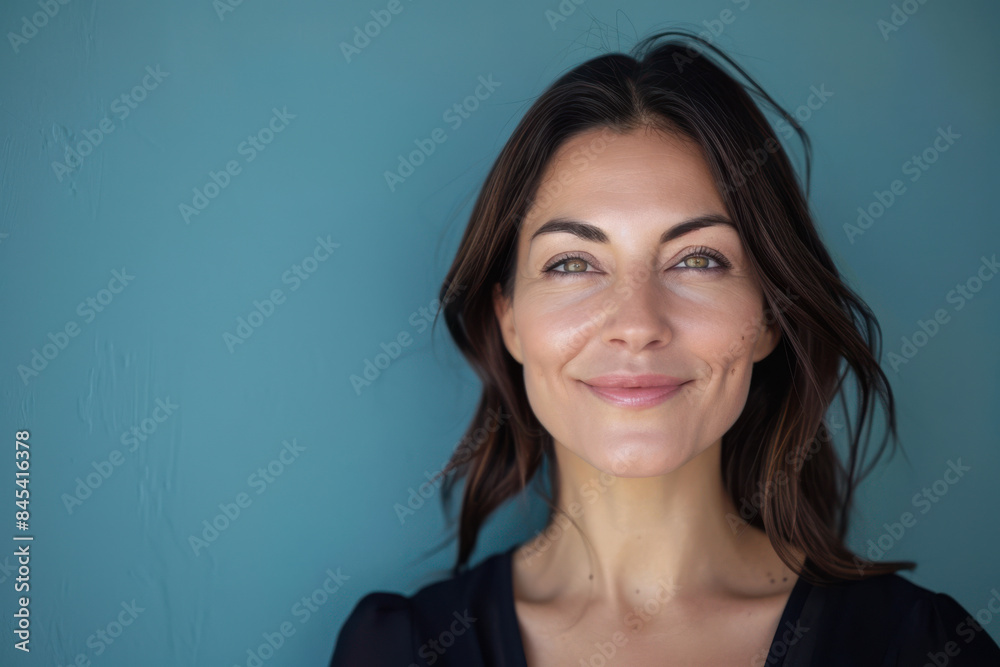 A close up portrait of a woman with a subtle smile A close up portrait of a woman with a subtle smile