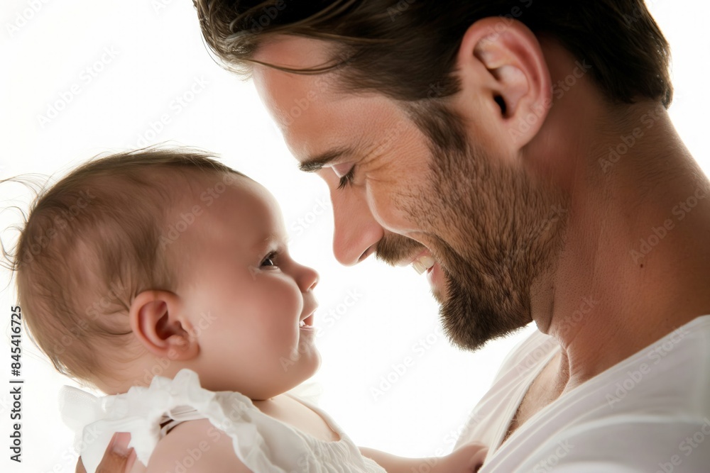 Close up of newborn baby and father, both smiling at each other, white background Close up of newborn baby and father, both smiling at each other, white background