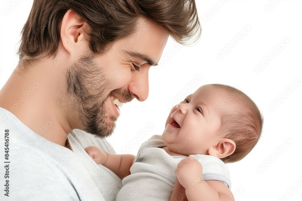 Close up of newborn baby and father, both smiling at each other, white background Close up of newborn baby and father, both smiling at each other, white background